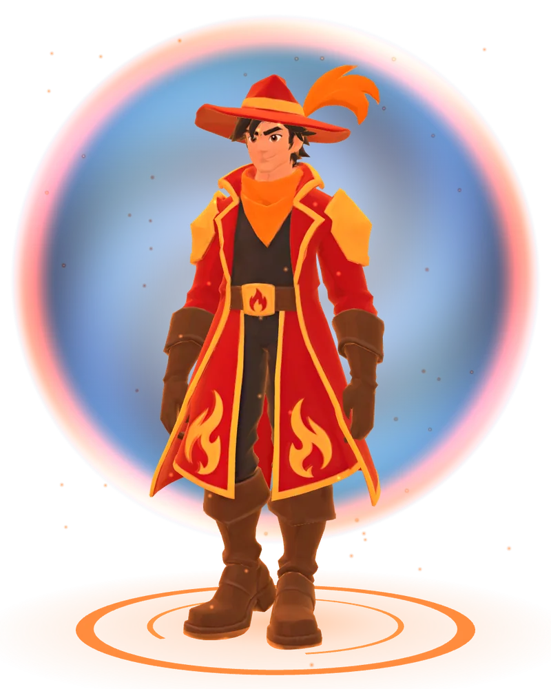 Fénix, el modelo del juego: abrigo rojo con llamas, sombrero con pluma y guantes de cuero