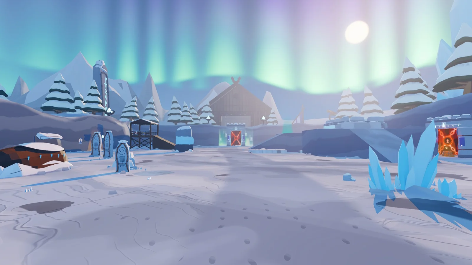 Fimbulvetr: un campo nevado con una casa larga vikinga bajo la aurora