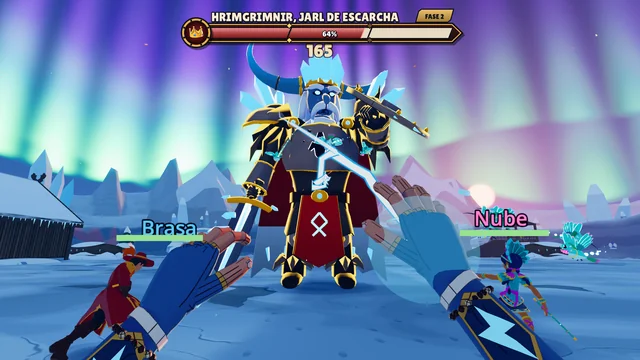 Hrimgrimnir bajo la aurora, con dos compañeros